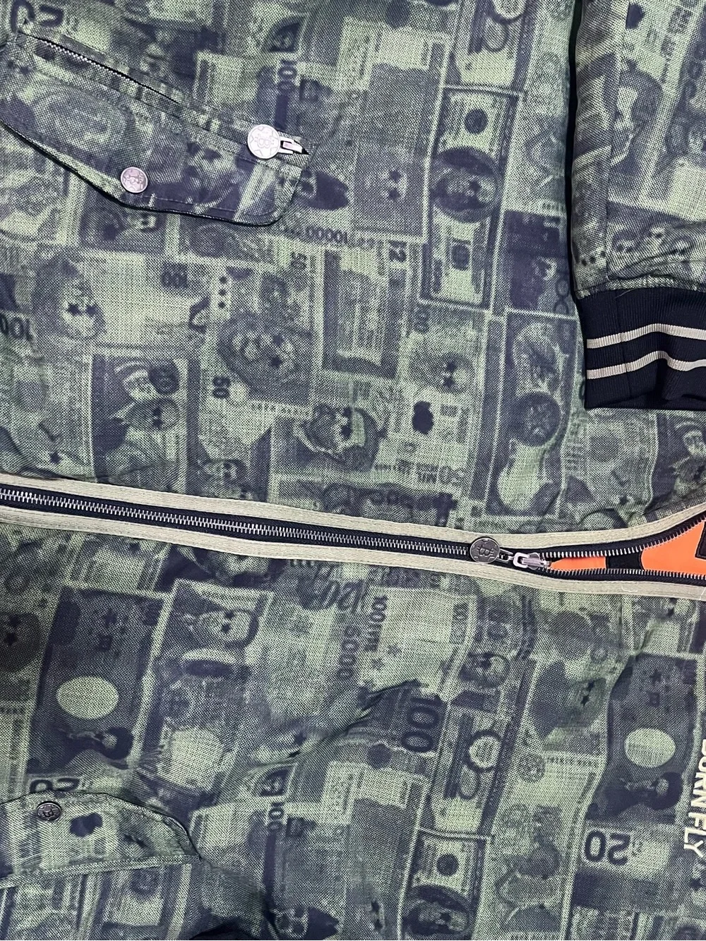 5XL Men’s Green Money-Print Bomber Jacket with Orange Lining